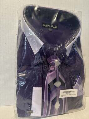 Fortino Landi Men's French Cuff Dress Shirt w/Matching Tie, Handkerchief Purple